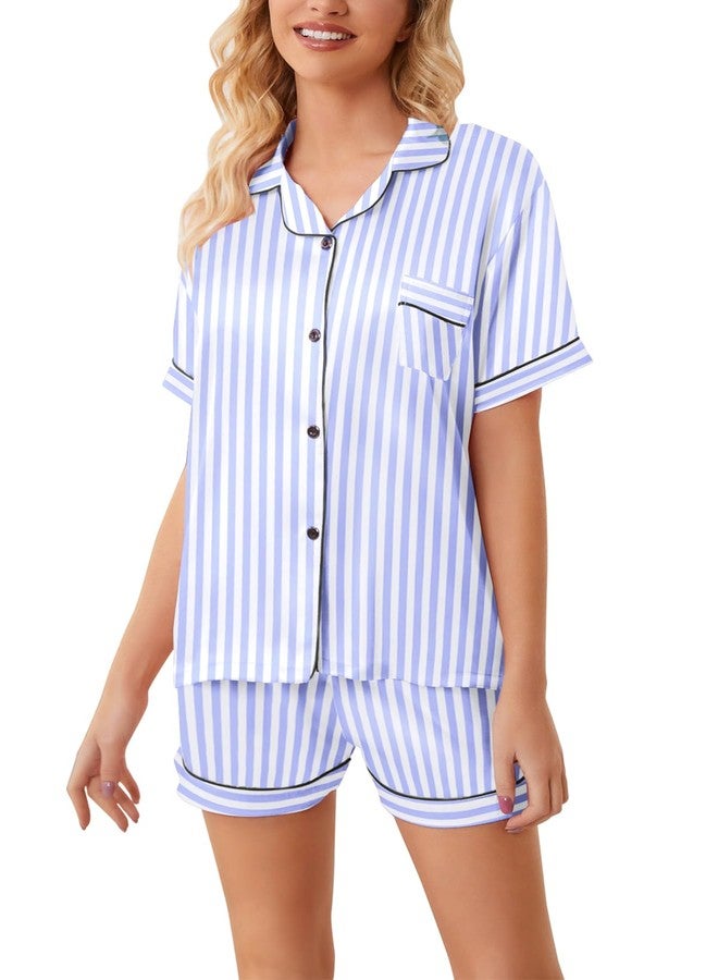 Schbbbta Satin Pajamas for Girls, Silk Pajamas 2 Pcs Button Down Sleepwear Short Sleeve Loungewear Outfit for Girls, Light Navy Stripe, 11-12 Years = Tag 160 - Image 5